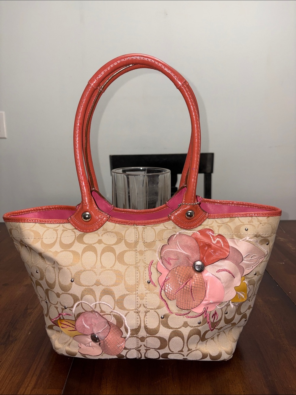 Coach Bleeker  F16276 Y2K Canvas Tote with Pink and Coral Floral Accent in EUC